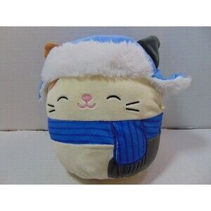 Squishmallow 8" Cam Calico Cat Blue Trapper Hat Scarf Feline Plush
